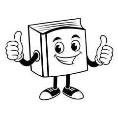 Cheerful book mascot showing double thumbs up, perfect for learning resources, school posters, and web graphics. Monochrome illustration with a friendly expression