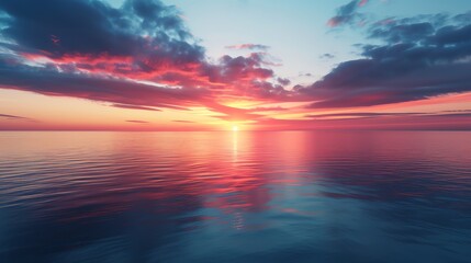 Obraz premium A breathtaking panoramic view of a vibrant sunset over a serene lake, captured from a unique aerial angle, with rich colors and detailed reflections, photorealistic