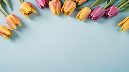 Top view tulip flowers on light blue blank paper background