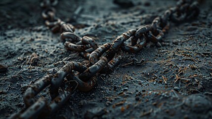 An aged metallic chain rests on the earth.