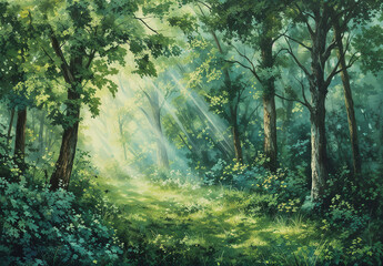 Obraz premium A lush green forest bathed in morning sunlight, with rays filtering through the trees