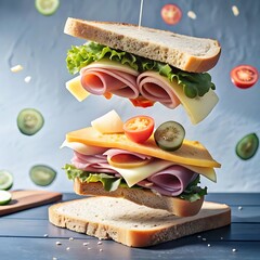 A sandwich with deli meats, cheese, and veggies flying apart