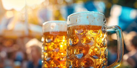 Banner with two large beer mugs with blue and white Oktoberfest festival flags in background