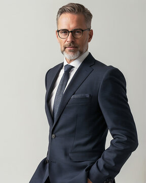 Distinguished man in his 50s wearing a tailored navy suit and glasses exuding confidence and professionalism