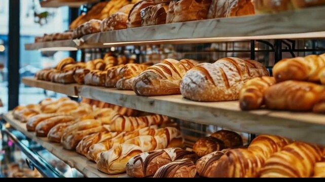 Cozy bakery interior with fresh assortment, Bright and inviting bakery showcasing a variety of bread and pastries Full HD Video 4K Clio