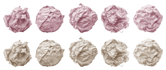 Collection set of pastel light pink beige cream crumpled crushed scrunched paper ball on transparent background cutout, PNG file. Many different design. Mockup template artwork graphic