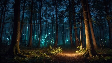 magical lights sparkling in mysterious forest at night.