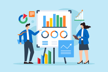 Data-driven decision making, business analysts interpreting complex datasets, strategic planning, and market analysis concept vector illustration. Team examining charts and graphs