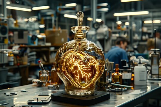 High tech laboratory with glowing heart installation representing the fusion of technology and emotion in scientific research