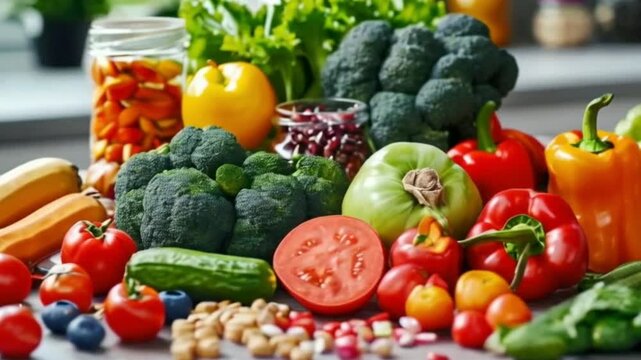 Food products representing the DASH diet which was created to help lower high blood pressure 4K hd Video Clip