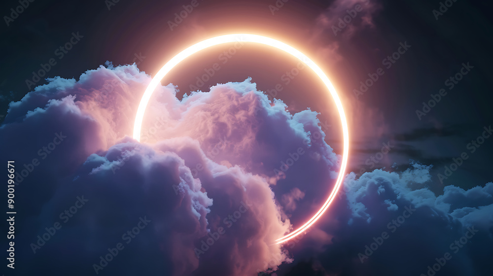 Aufkleber 3d render, abstract cloud illuminated with neon light ring on dark night sky. glowing geometric shap