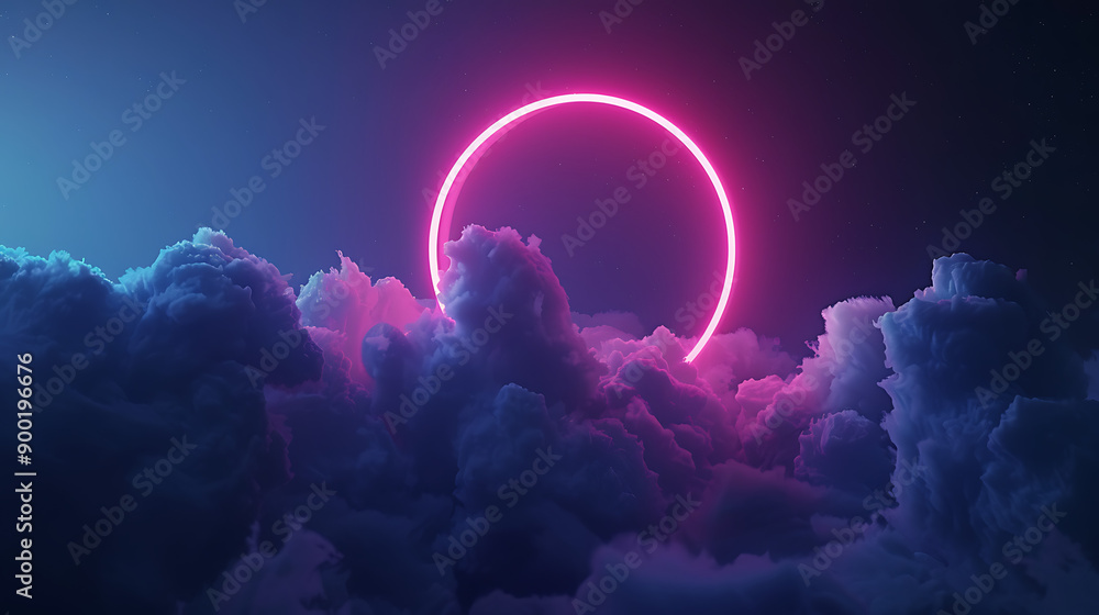 Poster 3d render, abstract cloud illuminated with neon light ring on dark night sky. glowing geometric shap