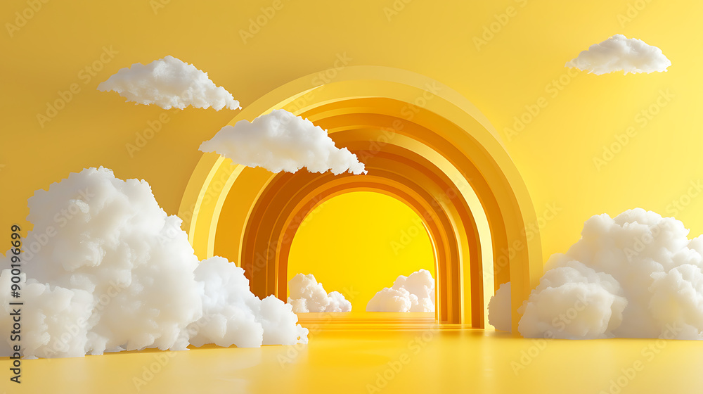 Poster 3d render, abstract minimal yellow background with white clouds flying out the tunnel