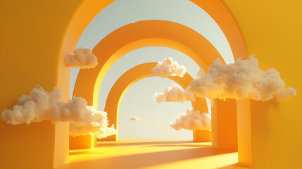 3d render, abstract minimal yellow background with white clouds flying out the tunnel