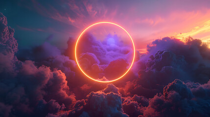 3d render, abstract cloud illuminated with neon light ring on dark night sky. Glowing geometric shape, round frame