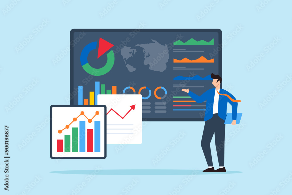 Poster business intelligence reporting, data visualization concept vector illustration. analysts presenting