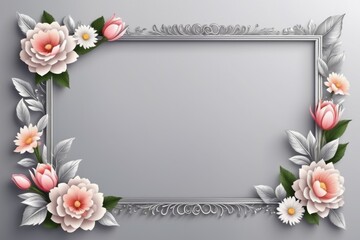 white pink purple floral frame with delicate blossom and green leaves for spring card design on purple background