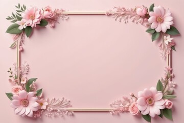 Obraz premium white pink floral frame with delicate blossom and green leaves for spring card design on pink background