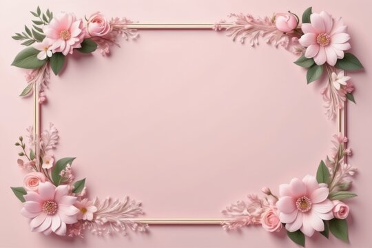 white pink floral frame with delicate blossom and green leaves for spring card design on pink background
