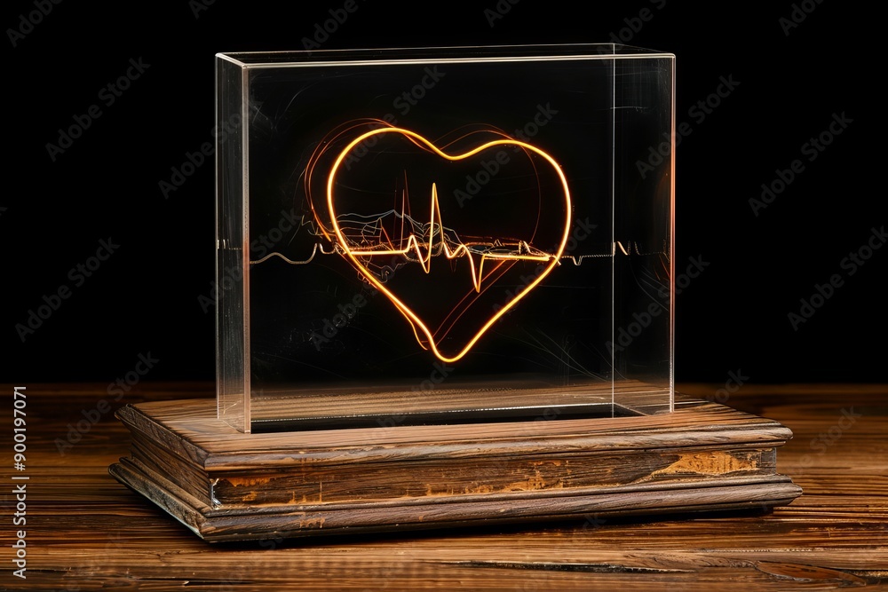 Poster digital heart within a glass cube on a wooden table symbolizing the blend of traditional craftsmansh