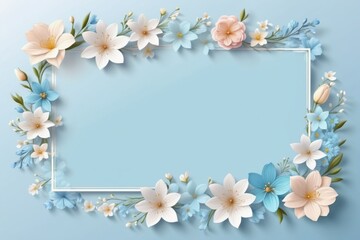 Fototapeta premium white pink blue floral frame with delicate blossom and green leaves for spring card design on blue background