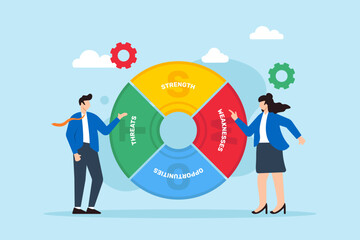 SWOT analysis, strategic planning tool, framework concept vector illustration. Business analyst organizing and examining strengths, weaknesses, opportunities, and threats quadrants