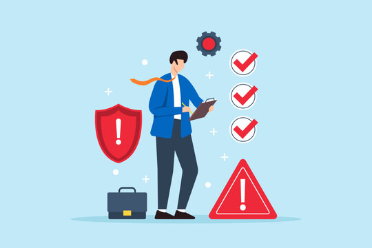 Risk assessment and management, identifying potential risks and mitigation strategies, ensuring project security concept vector illustration. Analyst with checklist and caution signs