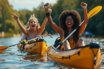 Obraz premium Joyful Kayak Ride Through Lush Green Foliage