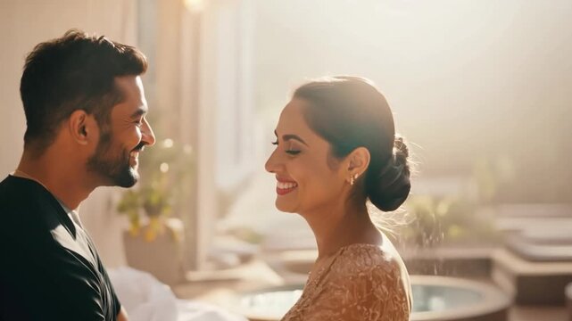After receiving a massage at the spa centre, a happy couple embraces passionately.