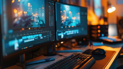 Obraz premium Close-Up Photo of Video Editing on Dual Monitors in Studio