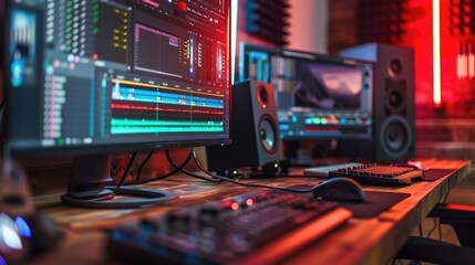 Close-Up Photo of Video Editing on Dual Monitors in Studio