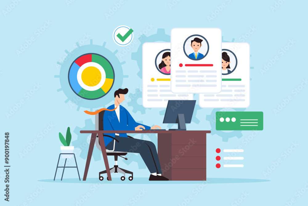 Poster optimizing use of business resources, maximizing efficiency, management concept vector illustration.