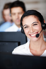 Woman, portrait and smile with headset in call centre, help desk and tech support or customer care....