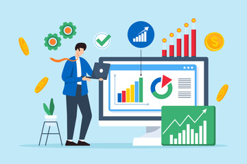 Profitability analysis, evaluating business, identifying cost-saving opportunities, profit margins optimization concept vector illustration. Analyst analyzing financial charts and graphs