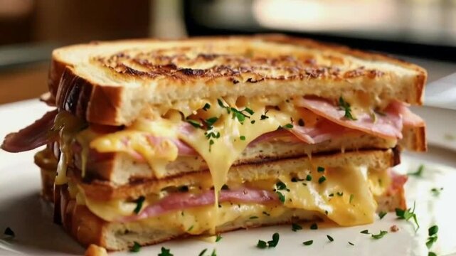 Croque-Monsieur - A French grilled ham and cheese sandwich, often found on European trains 4K Video Clip