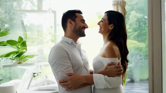 After receiving a massage at the spa centre, a happy couple embraces passionately.