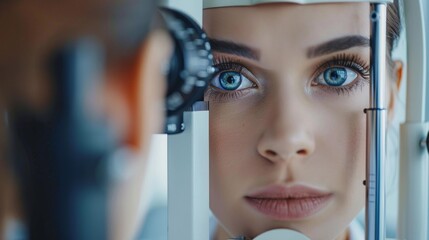 A young female eye specialist assessing a patient's retina.