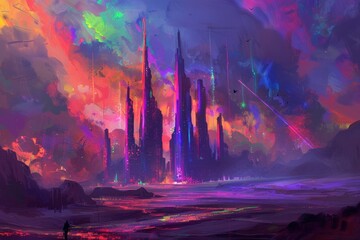 Fototapeta premium A lone figure walks towards a futuristic city bathed in vibrant colors under a dramatic swirling sky