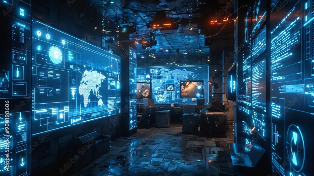 Poster futuristic control room with glowing screens displaying data and maps, creating a high-tech atmosphe