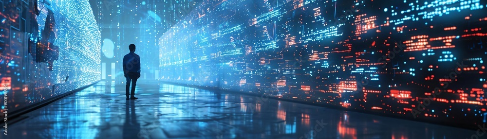Aufkleber a silhouette exploring a futuristic digital corridor filled with vibrant lights and data patterns, r