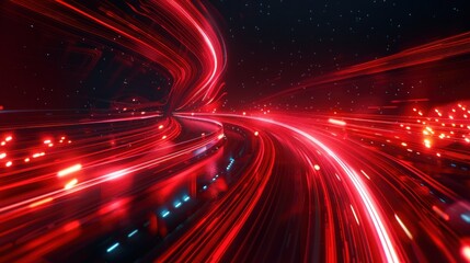 Obraz premium Abstract red lines depict road speed in red. Red light trail on dark background with high speed and fast motion blur effect