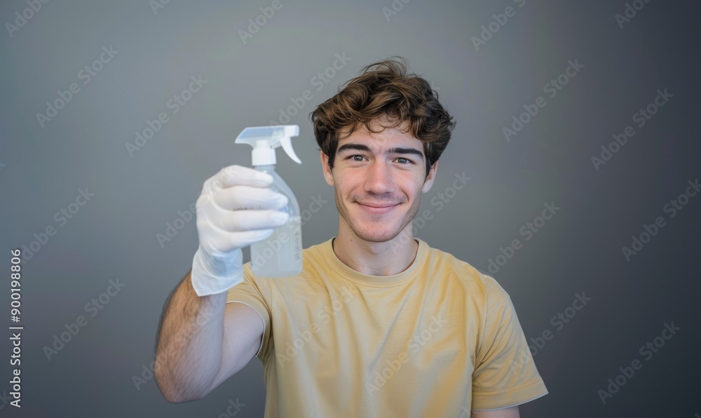 Wall mural Young man wearing gloves holds a spray bottle in front of a gray background