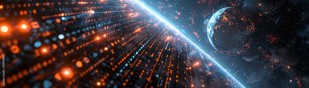 Aufkleber a vibrant digital landscape featuring a glowing planet and dynamic light patterns in deep space, per