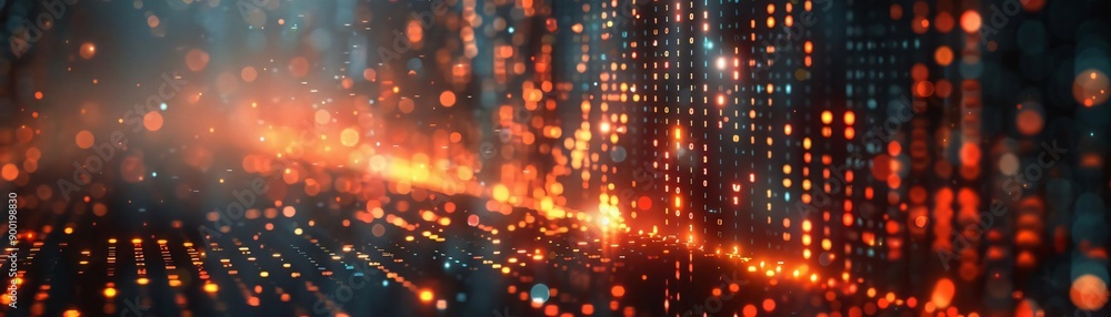 Poster abstract digital background with glowing particles and lines, creating a futuristic and dynamic atmo