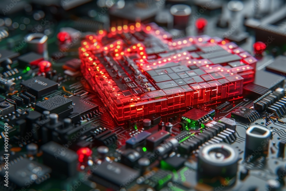Poster heart shaped microchip in a high tech setting symbolizing the integration of technology and human em