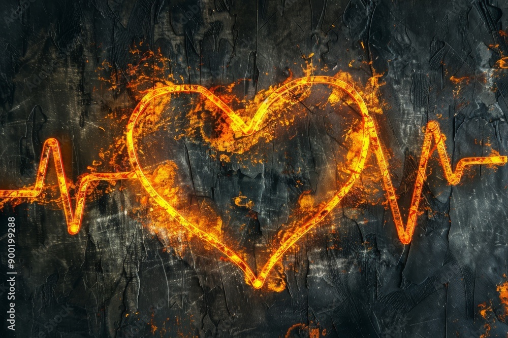 Poster fiery heart and pulse line on a dark textured background representing the intensity of life and emot