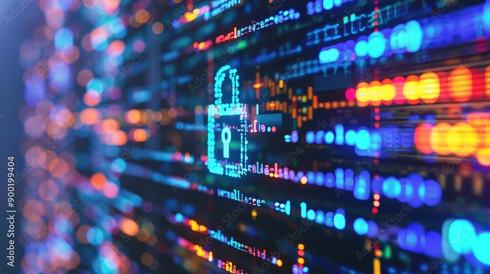 Poster detailed macro photo of secure software code with emphasis on security lock symbol