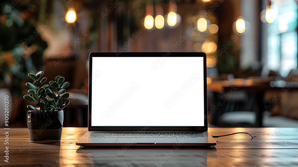 Poster laptop with blank screen on table.