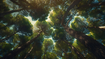 Looking up at the green tops of trees. Italy