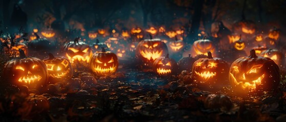 Fototapeta premium Glowing jack-o'-lanterns in a spooky forest setting, creating a haunting Halloween atmosphere at night with carved pumpkin designs.